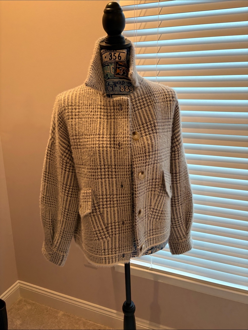 Sage Cream & Brown Plaid Wool-Blend Pea Coat